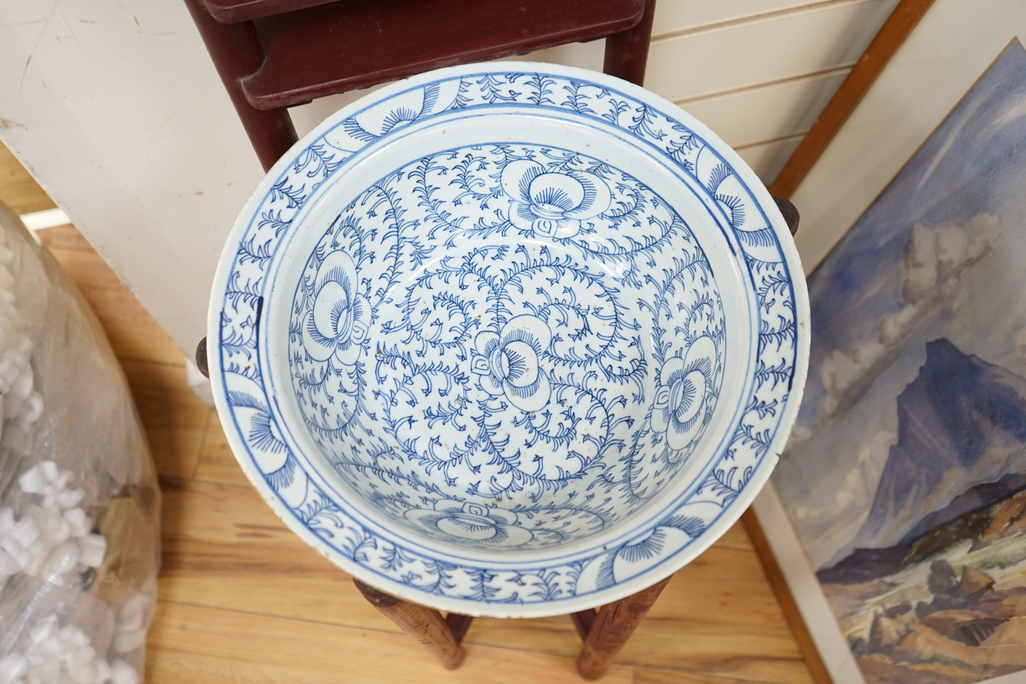 A 19th century Chinese lacquered wood washstand with sweet pea blue and white basin - 168cm high